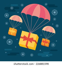 Flat design colored vector illustration of gift boxes flying down from night snowing sky with parachutes