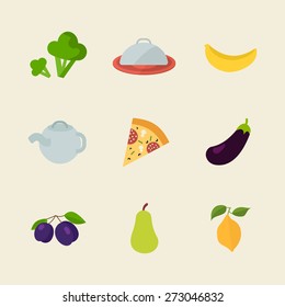 Flat design colored vector illustration of food and vegetables. Isolated on bright background