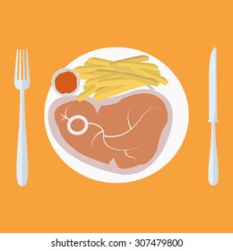Flat design colored vector illustration of a steak and fries on plate isolated
