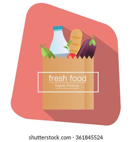 Flat design colored vector illustration Paper bag,package with food and drink products .Vegetables, bread, dairy products.