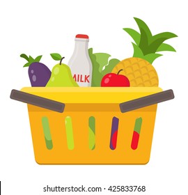 Flat design colored vector illustration of food and drink products into basket. Vector flat illustration
