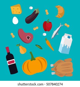 Flat design colored vector illustration of food and drink products falling down.