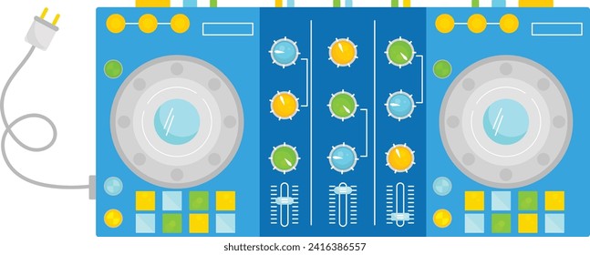 Flat design of a colorful audio mixer console with knobs and sliders, plus a power cord. Music production and sound engineering console vector illustration.