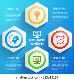 Flat design colorful background with mechanism of business description vector illustration