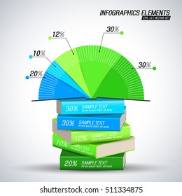 Flat design colorful business infographics elements concept with statistics diagram and books with sample text vector illustration