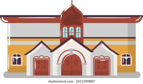 Flat design colorful church building with steeple and large windows. Cartoon style Christian chapel exterior vector illustration.