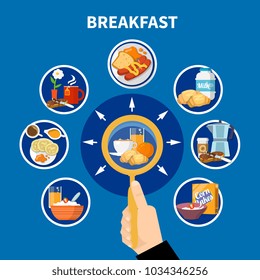 Flat design colorful concept with variants of traditional breakfast isolated on blue background vector illustration
