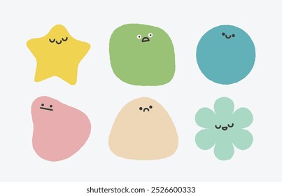 Diseño plano Colorido lindo Kawaii Caras sonrientes al azar Doodle Forma de la etiqueta engomada Emoticon Conjunto de colección 