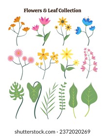 paquete de diseño plano colorido de flores y vectores de hojas