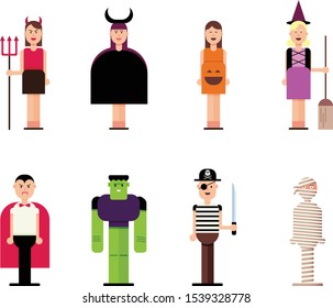 Flat design colorful halloween costume set. Vector illustration. Devil girl, fiend, pumpkin girl, witch, vampire, frankenstein, pirate, and mummy.