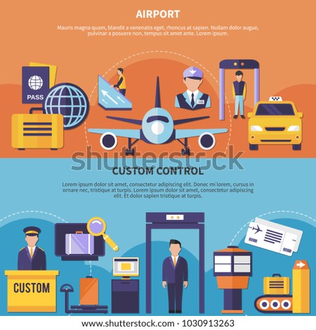 Flat design colorful horizontal banners set with custom control at airport airplane taxi and luggage isolated vector illustration