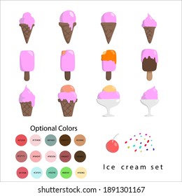 flat design colorful  ice cream set with optional color codes isolated on white background. Editable artwork and layers separated. 