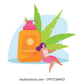 Flat design colorful icon with orange bottle of sunscreen green plant and woman vector illustration