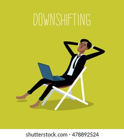 Flat design colorful illustration of downshifting concept. Freelancer changes lifestyle. No office work, just freedom. Downshifting cartoon character in vector. Relax man on the beach