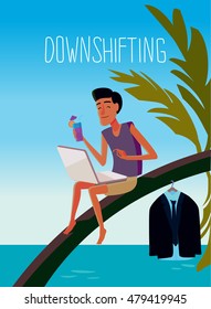 Flat design colorful illustration of downshifting concept. Freelancer changes lifestyle. No office work, just freedom. Downshifting cartoon character in vector