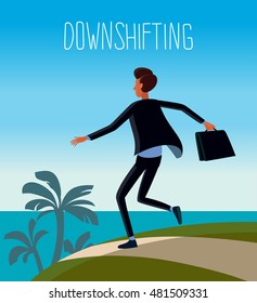 Flat design colorful illustration of downshifting concept. Freelancer changes lifestyle. No office work, just freedom. Downshifting cartoon character in vector