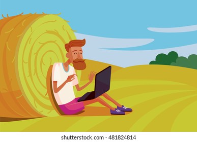 Flat design colorful illustration of downshifting concept. Freelancer changes lifestyle. Man working and field in the country. Cartoon character in vector. Village life