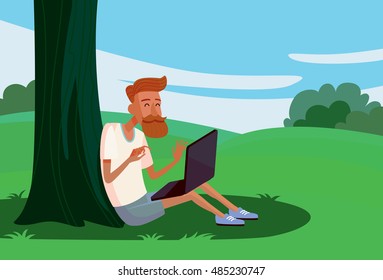 Flat design colorful illustration of downshifting concept. Freelancer seating under the tree. No office work, just freedom. Downshifting cartoon character in vector. Summer landscape