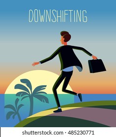 Flat design colorful illustration of downshifting concept. Freelancer changes lifestyle. Man running from city to beach. No office work, just freedom. Downshifting cartoon character in vector