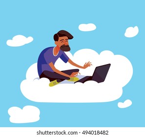 Flat design colorful illustration of downshifting concept. Freelancer changes lifestyle. No office work, just freedom. Downshifting cartoon character in vector. Man seating on the cloud