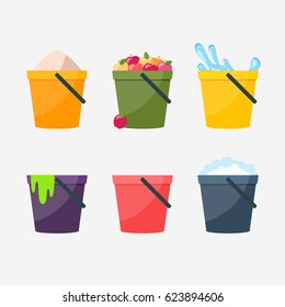 Flat design colorful plastic buckets vector icon set