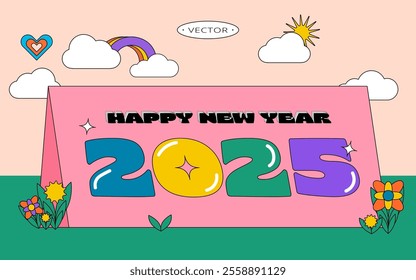 Flat design colorful retro geometric shape 2025 Happy New Year