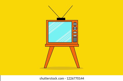 Flat design : colorful of retro old orange tv with bright yellow background.