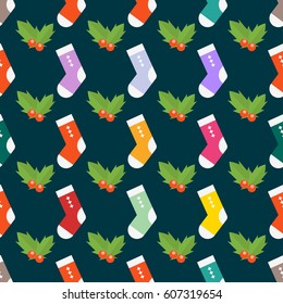 Flat design colorful socks selection of various foot warm cloth textile and cute red berries decoration wool winter sport season vector illustration.