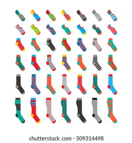 Flat design colorful socks set vector illustration. Textile warm clothes socks pair cute decoration wool winter clothing.