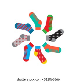 Flat design colorful socks set vector illustration. Selection of various socks on white background. Textile warm clothes socks pair cute decoration wool winter clothing. Socks season collection.