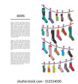 Flat design colorful socks set vector illustration. Selection of various socks on white background. Textile warm clothes socks pair cute decoration wool winter clothing. Socks season collection.