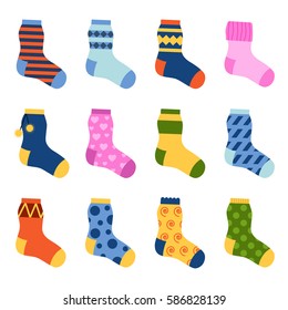 Flat design colorful socks set vector illustration.