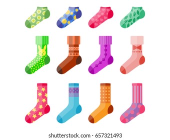 Flat design colorful socks set vector illustration selection of various cotton foot warm cloth