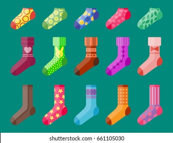Flat design colorful socks set vector illustration selection of various cotton foot warm cloth