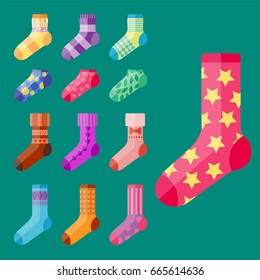 Flat design colorful socks set vector illustration selection of various cotton foot warm cloth