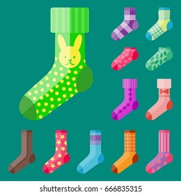 Flat design colorful socks set vector illustration selection of various cotton foot warm cloth
