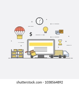 Flat design colorful vector illustration concept for delivery service, e-commerce, online shopping, receiving package from courier to customer