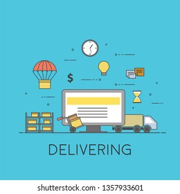 Flat design colorful vector illustration concept for delivery service, e-commerce, online shopping, logistics, receiving package from courier to customer