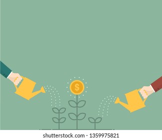 Flat design colorful vector illustration of a hand watering money plants, Investment Financial Concept. Business People Increasing Capital and Profits.