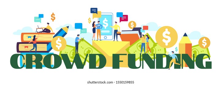 Flat design colorful vector illustration concept for crowdfunding, funding project by raising monetary contributions from crowd of people, investing into ideas isolated on bright background