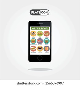 Flat design colorful vector illustration concept for fast food delivery. app interface design with icons on mobile display
