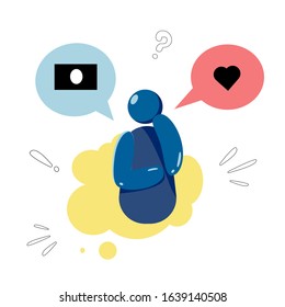 Flat design colorful vector illustration concept for. Man Thinking between Love and Money Vector
