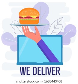 Flat design colorful vector illustration concept for ordering food online. Hand holding burger. Food delivery service
