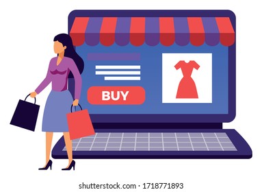 Flat design, colorful vector illustration concept for online shopping, buying clothes in an internet store, e-commerce. Isolated on white background