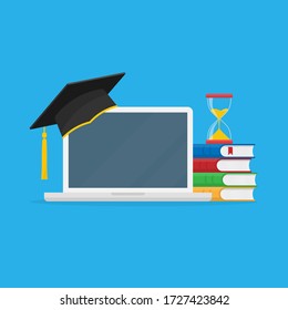 Flat design colorful vector illustration concept for distance education, online learning for web banners and print materials. Isolated on blue background.