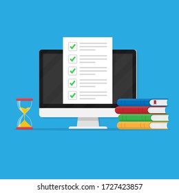 Flat design colorful vector illustration concept for distance education, online learning for web banners and print materials. Isolated on blue background.