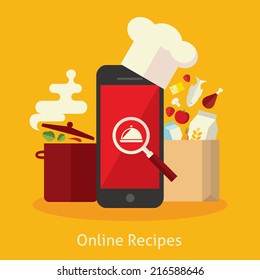 Flat design colorful vector illustration concept for cooking at home, searching recipes, culinary instructions in internet isolated on bright background