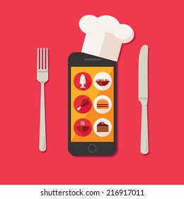 Flat design colorful vector illustration concept for cooking at home, searching recipes, culinary instructions in internet isolated on bright background 