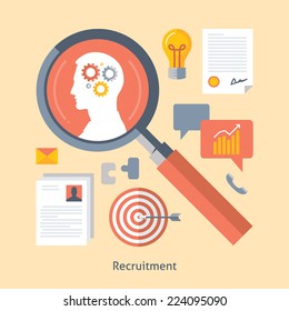 Flat design colorful vector illustration concept for searching efficient staff, selecting employees, analyzing resume, recruitment, human resources management, work of hr isolated on light background 