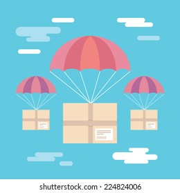 Flat design colorful vector illustration of parcels flying down from sky with parachutes, concept for delivery service isolated on bright background 